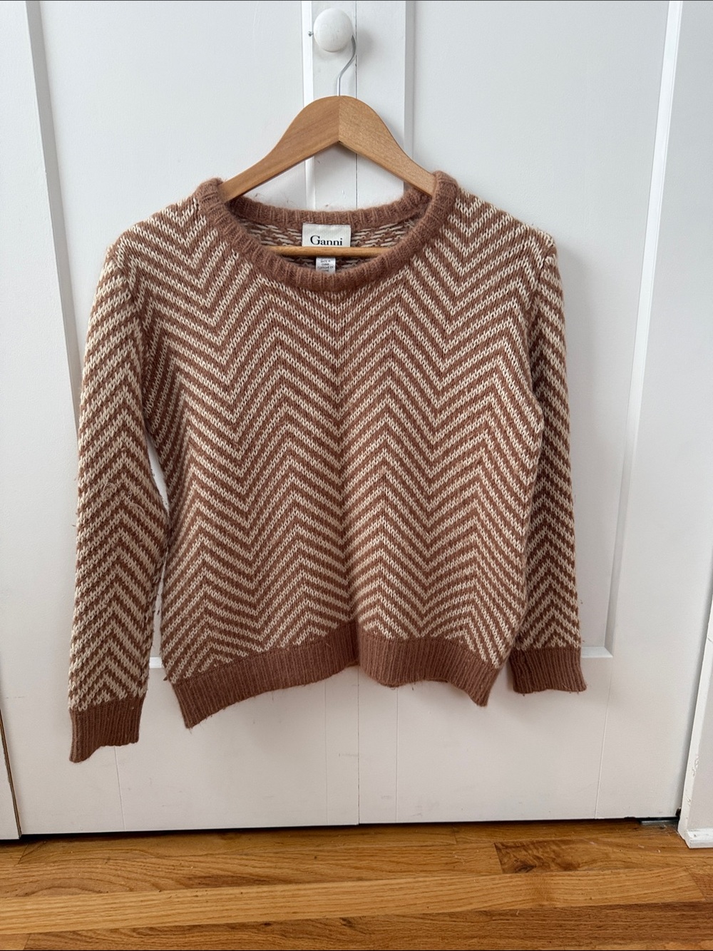 Ganni Cream & Brown Chevron Crewneck Sweater